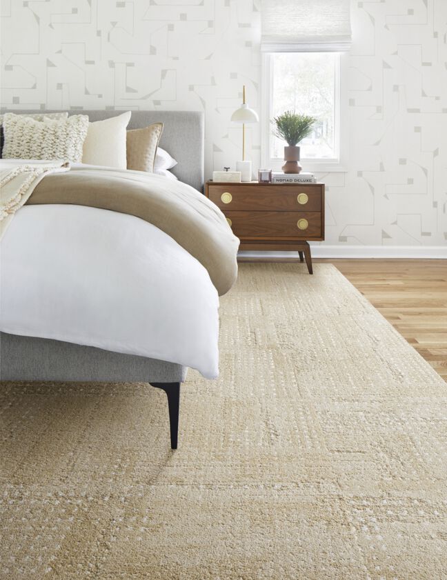 Bedroom with FLOR On The Dot area rug shown in Eggnog